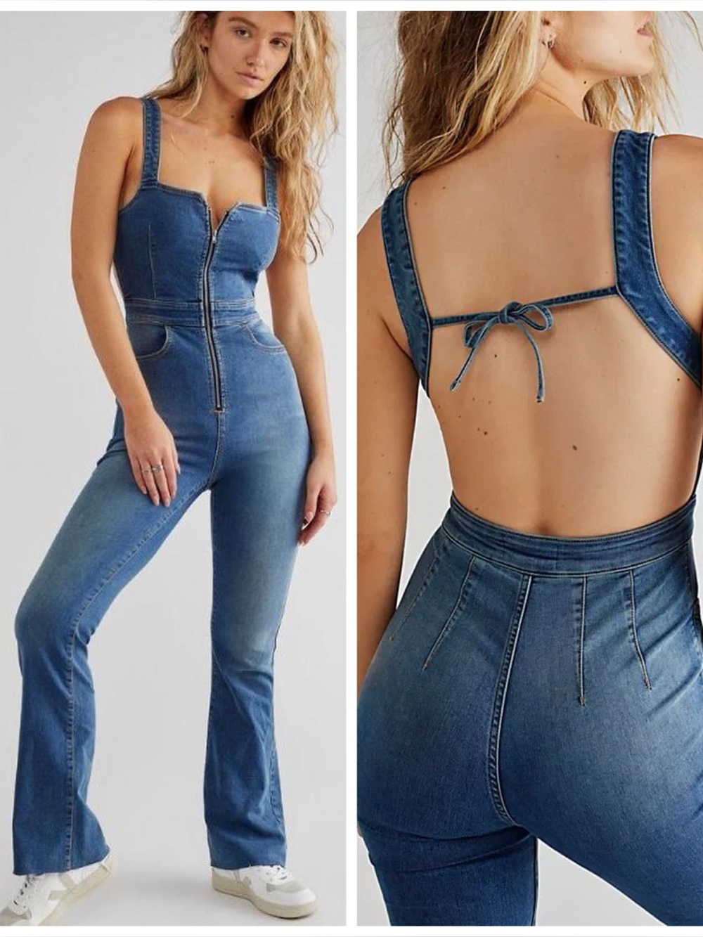 Free People Denim Jumpsuit Flare Leg Medium Wash 2nd Ave One Piece size 10